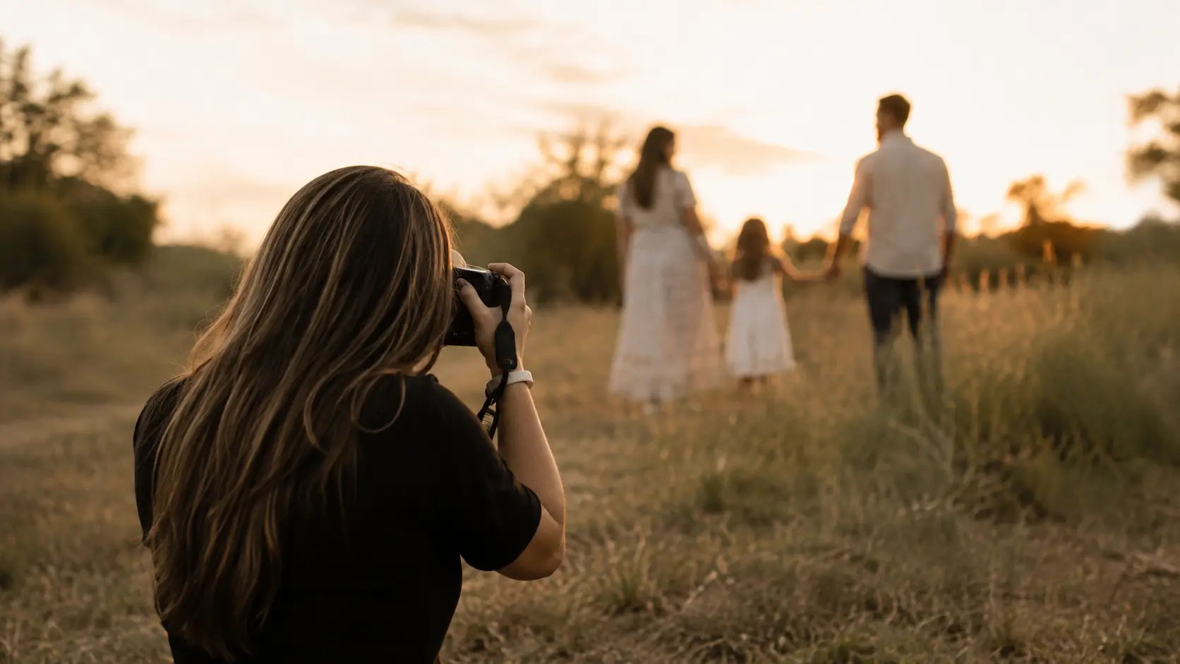Yana Castillo photographing a family at golden hour in an open field