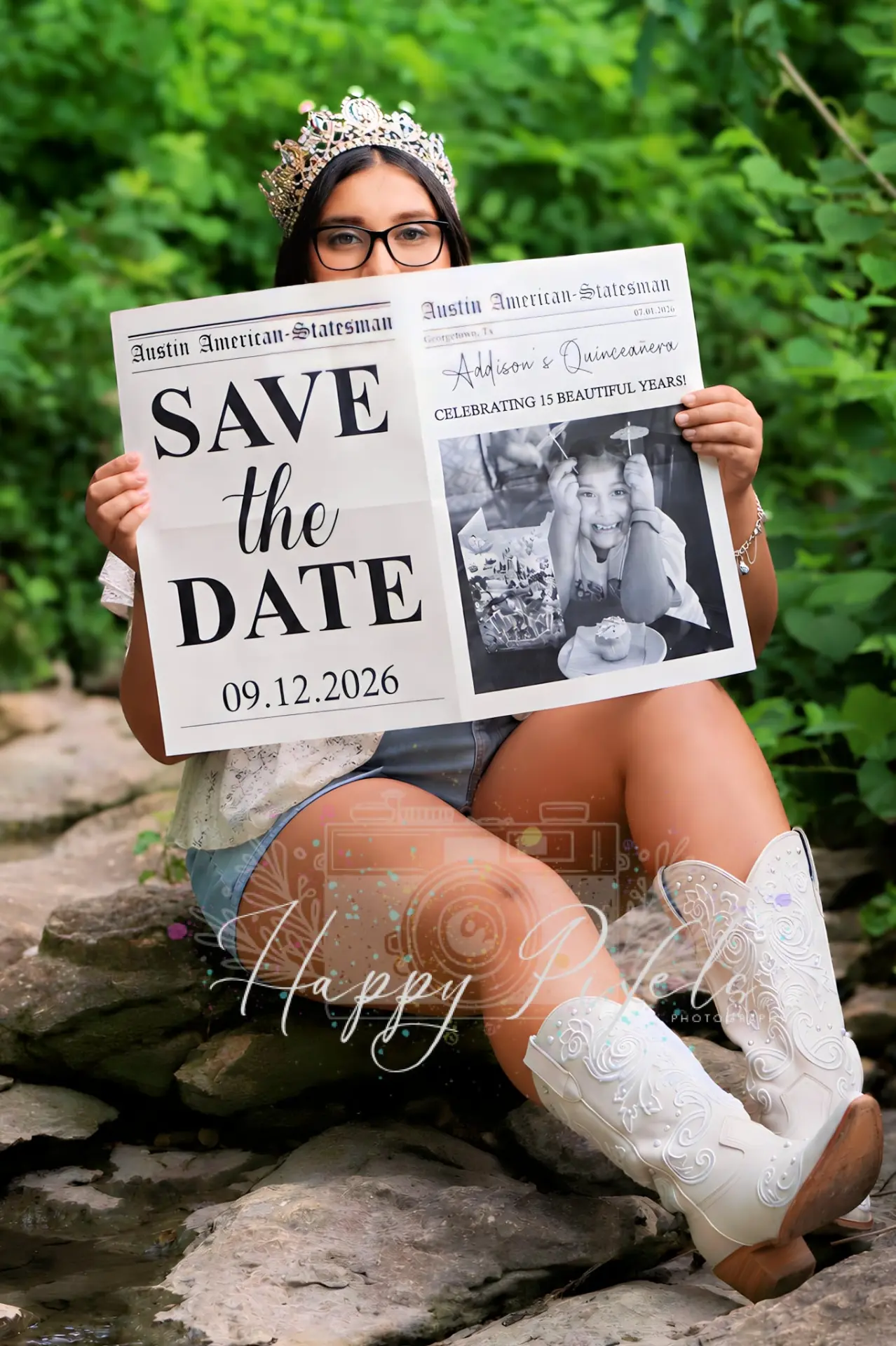 Quinceañera save-the-date portrait by a creek